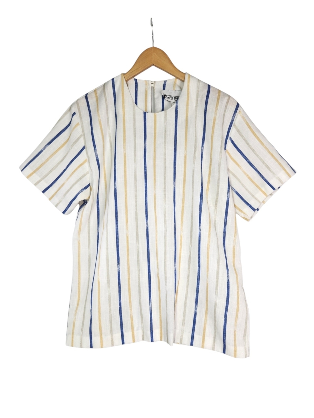VTG Peter Popovitch Striped Blouse Cream Blue Yellow Linen Blend Med /XL Coastal